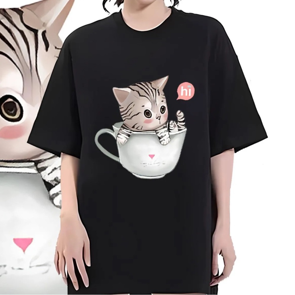 SHEIN Black and White Cat Print Clothing 006